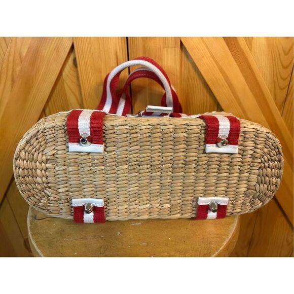 Donna Dixon Jennifer Rattan Basket Weave Red White Strap Tan Tote Handbag Purse - Picture 5 of 10